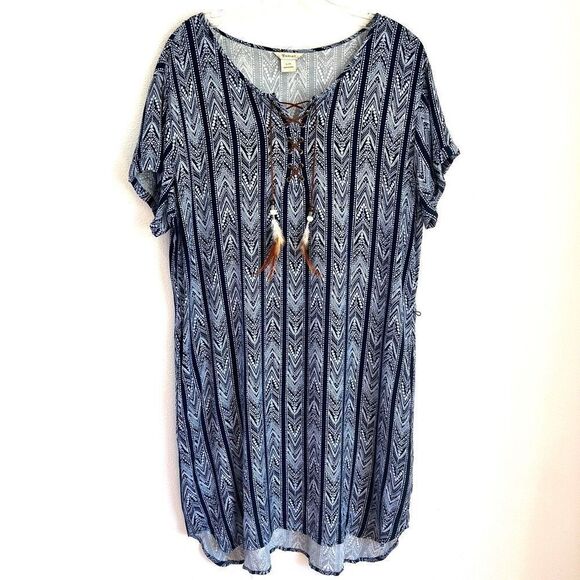 Ariat Nova Dress southwest Print Navy and White Lace up Neck Detail With Feather - Picture 1 of 13